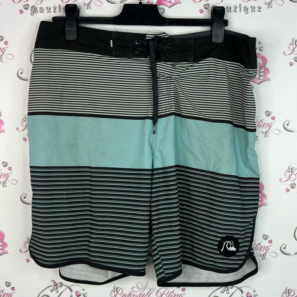 Quiksilver Men's Striped Swim Shorts - Black and Aqua high line trunks surf